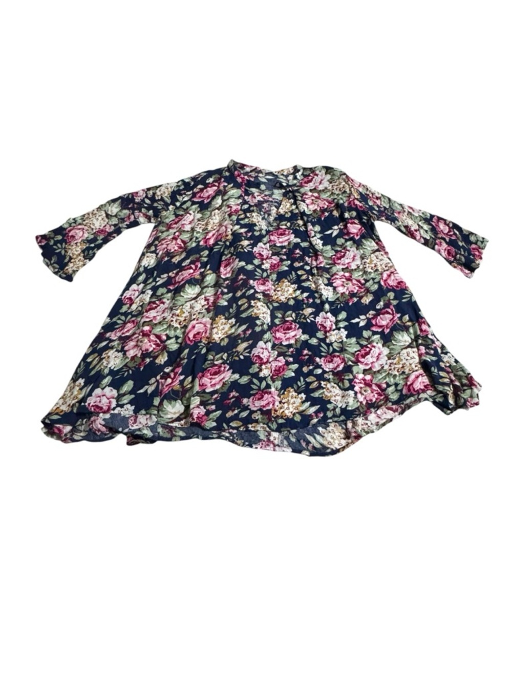 Altar'd State Navy Floral Swing Blouse with Pink Roses
